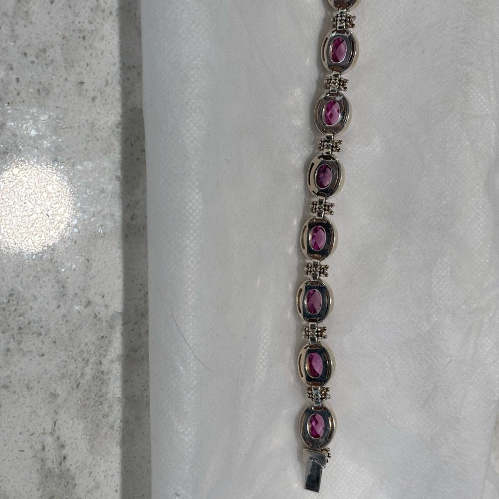 Michael Dawkins Oval Checkerboard Simulated Pink Sapphire/SS Bracelet - Picture 7 of 8